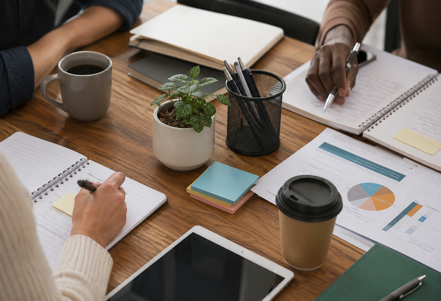 overhead composition with notebooks, charts, coffee, and study materials to create a collaborative professional learning atmosphere