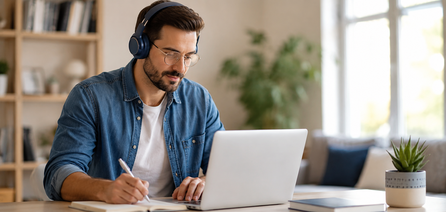 This image shows a focused professional studying at a laptop in a bright, modern home office