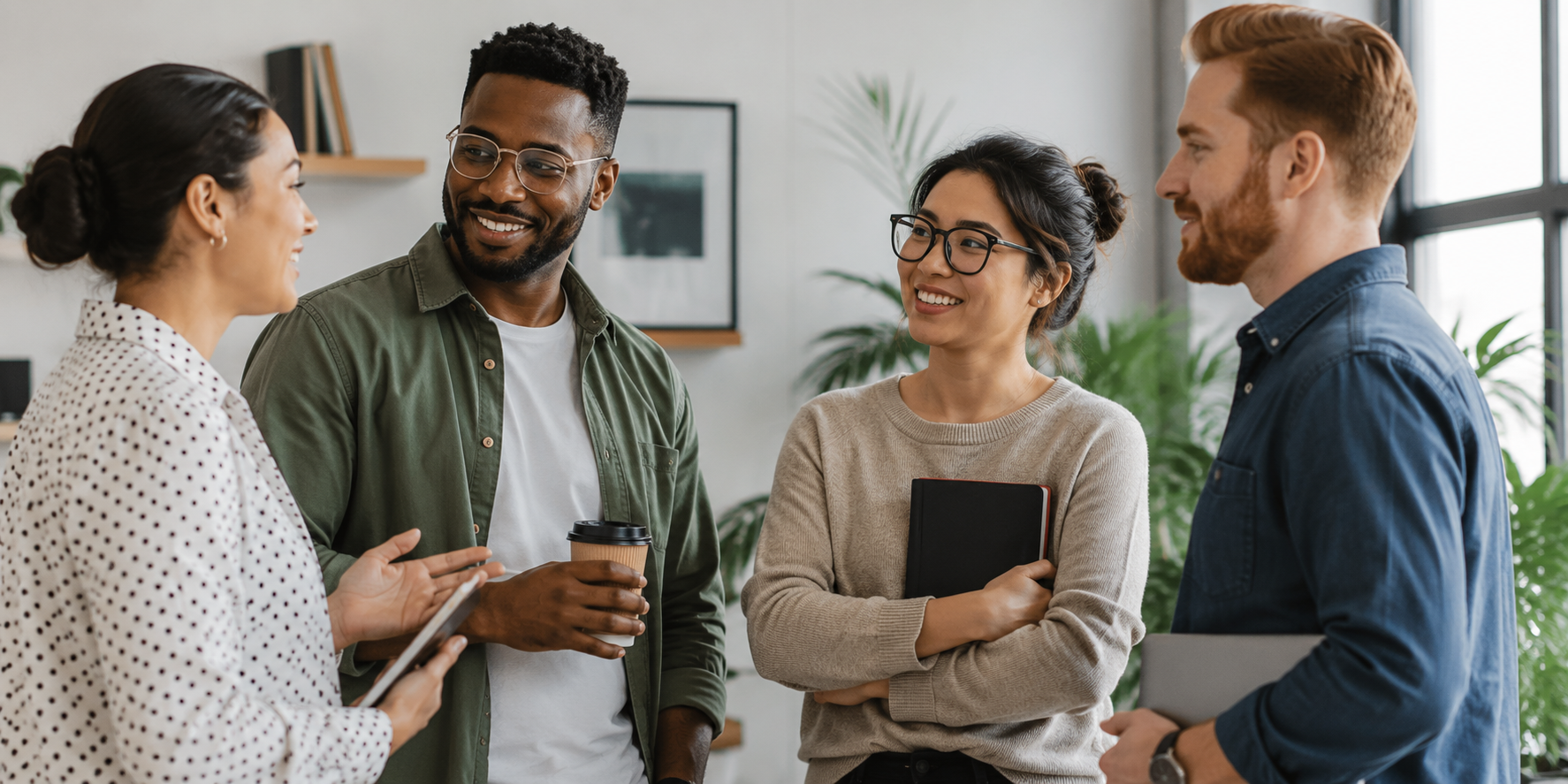 A group of professionals in a bright, modern workspace with a collaborative, approachable atmosphere