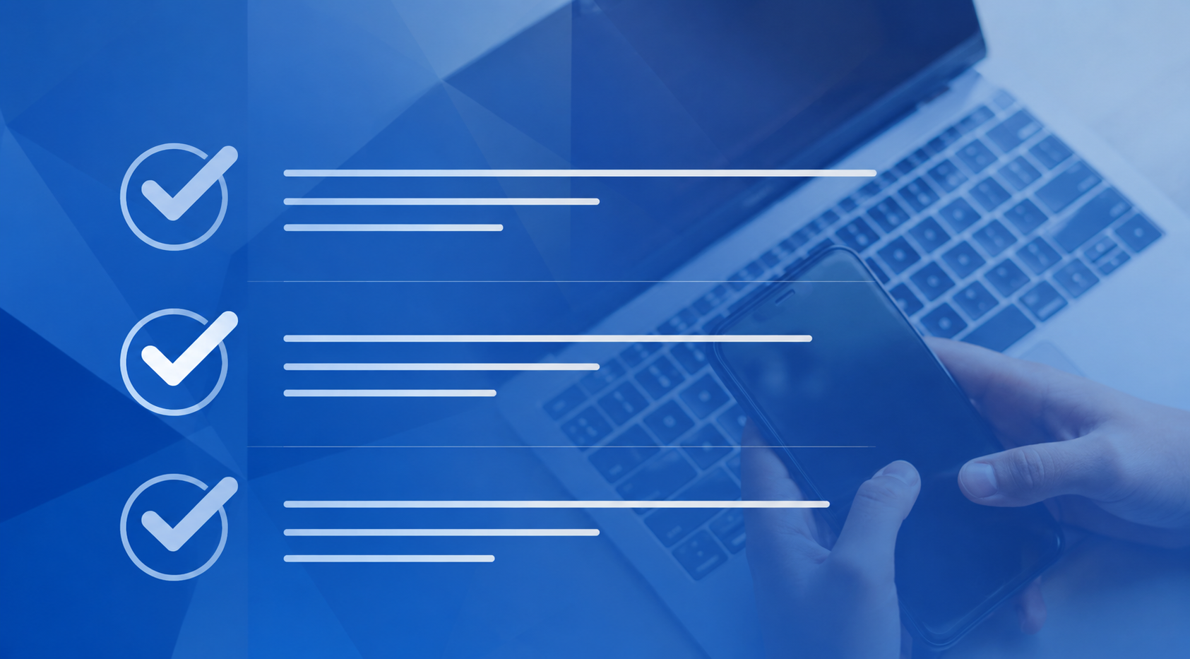 Digital checklist displayed over a laptop and smartphone with checkmark icons representing admissions requirements