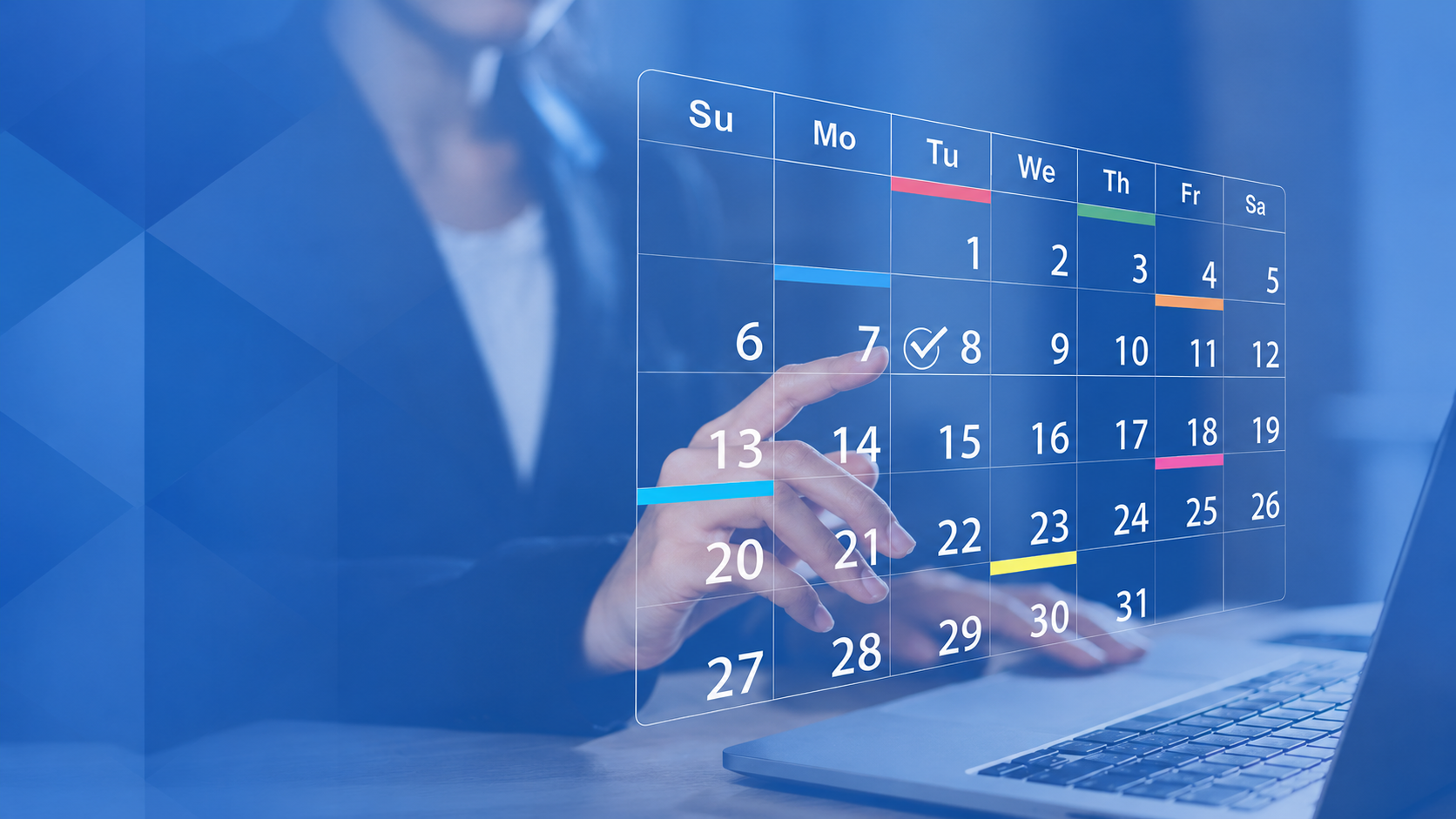 Digital calendar displayed over a laptop, representing program deadlines