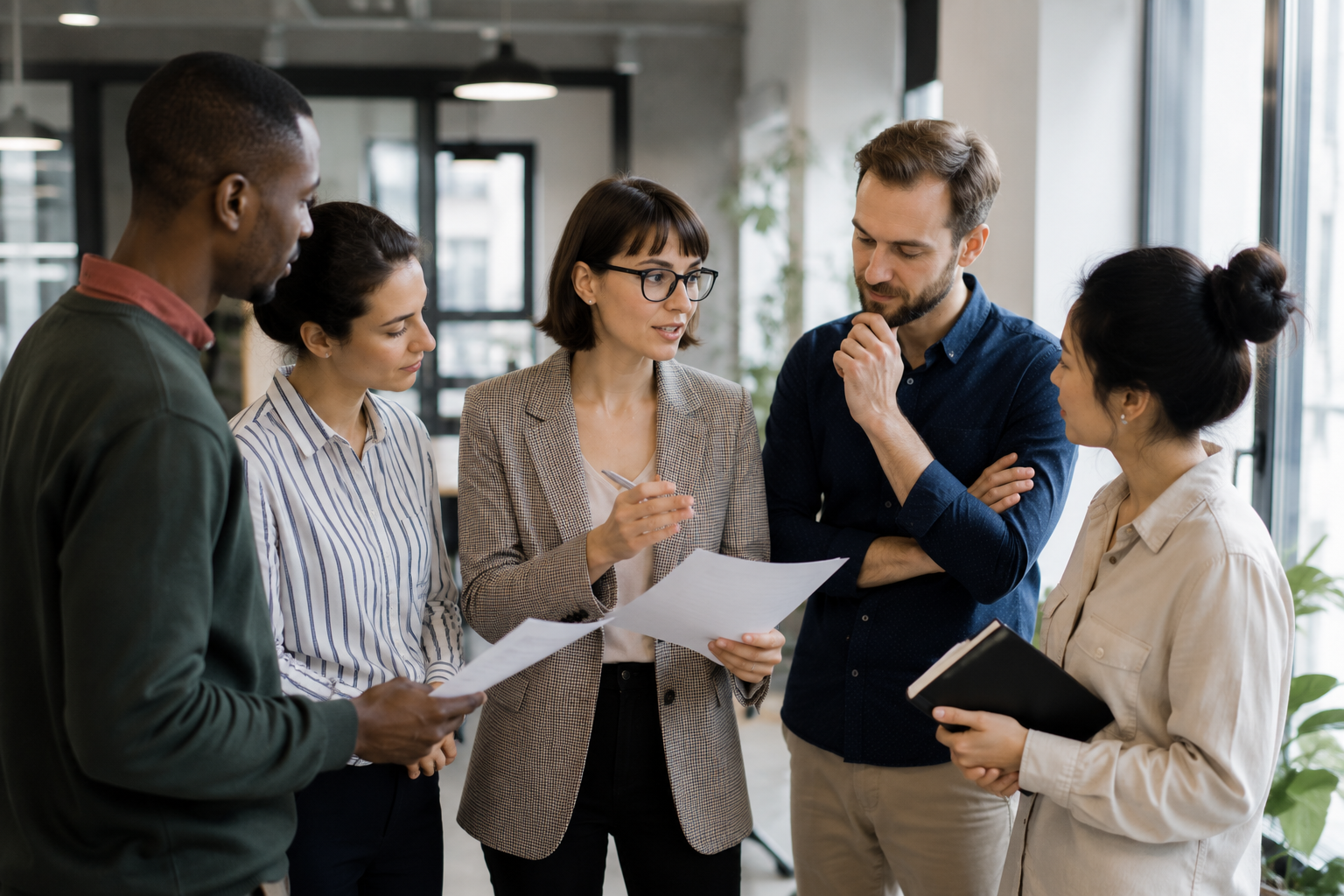 Five professionals standing together in a modern office, reviewing documents and collaborating during a group discussion