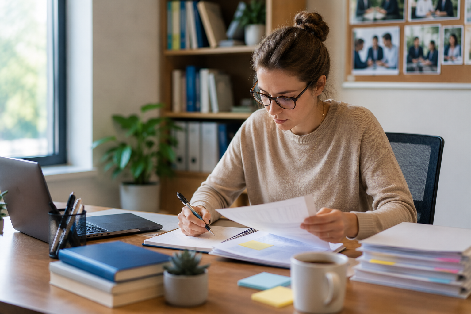 Focused study lady sitting in her room with notebook and a pile of papers