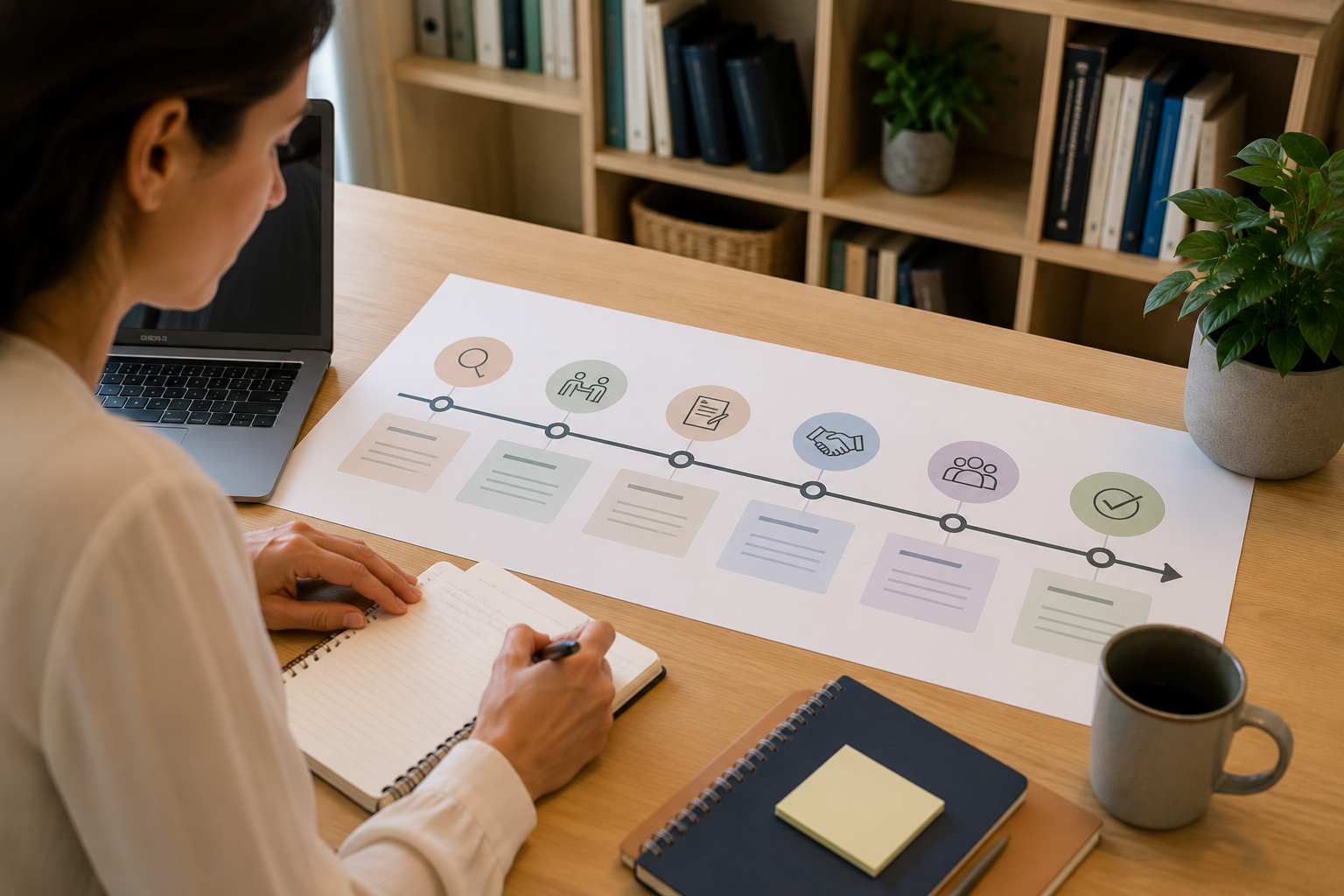 Student reviewing a visual practicum timeline at a desk with a laptop and notebook, representing the step-by-step placement process from preparation to successful field placement