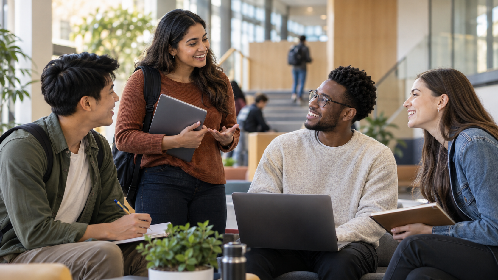 Group of diverse students talking and studying together in a modern university lounge.